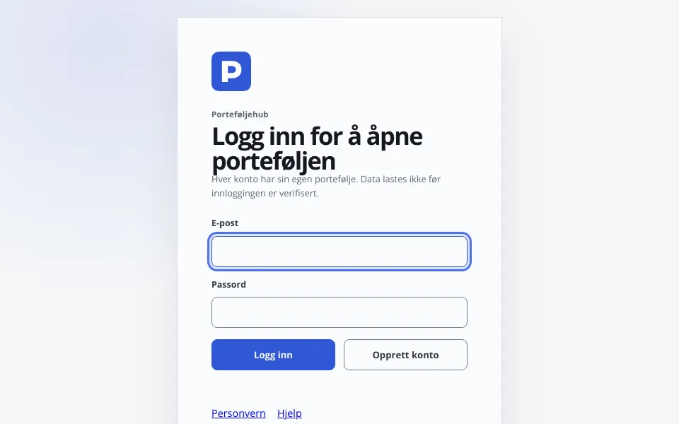 Startflaten til Portefølje-App.