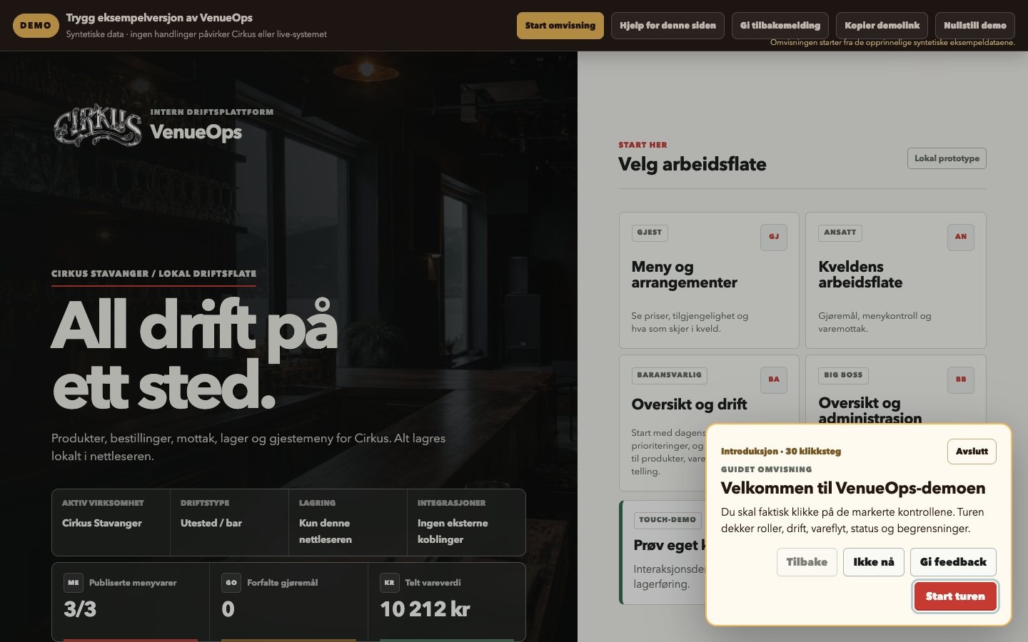 VenueOps-demoen med driftsflater og guidet omvisning.
